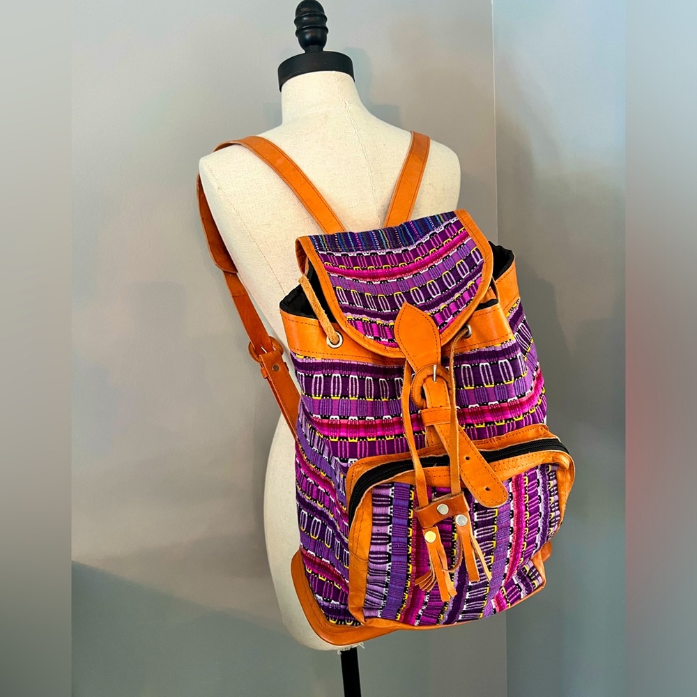 VTG Leather Mexican Blanket Backpack Boho Hippy Chic Purse Bag Tote Tapestry